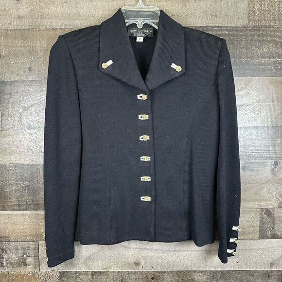 St John Collection Women’s Size 6 Knit Jacket Black Gold Accent Button Up Blazer